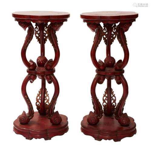 A PAIR OF RED LACQUER STANDS