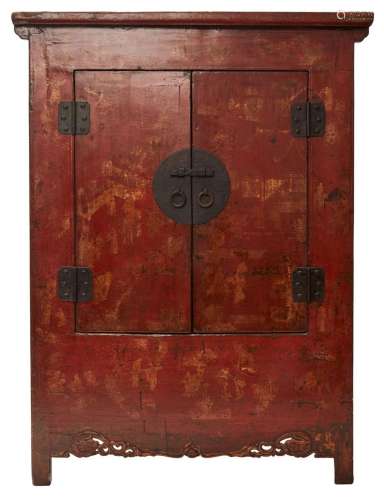 A CHINESE RED LACQUER SQUARE-CORNER CABINET WITH GILT DECORA...