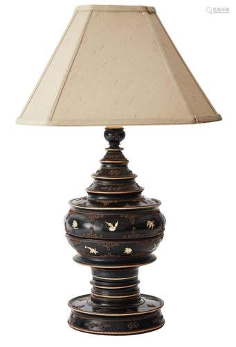 A BURMESE BLACK LACQUERED TABLE LAMP