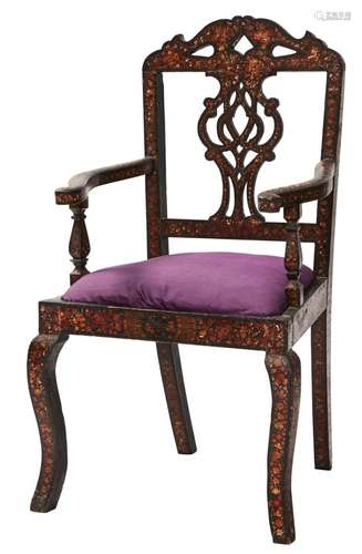 AN ANGLO INDIAN KASHMIR LACQUERWORK ELBOW CHAIR