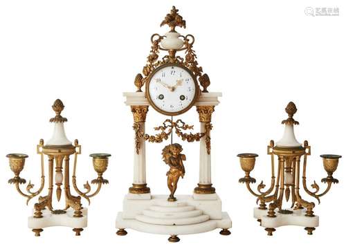 A FRENCH GILTMETAL AND WHITE MARBLE CLOCK GARNITURE