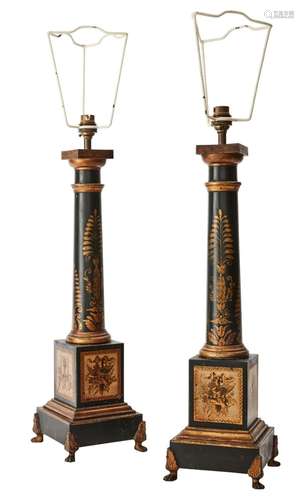 A PAIR OF EMPIRE STYLE TOLE PEINTE TABLE LAMPS