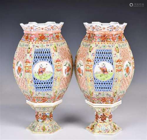 A Pair of Famille Rose Candle Stands 1950-70s