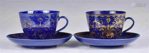 A Pair of Blue and Gilt Teacups with Stands, Repub