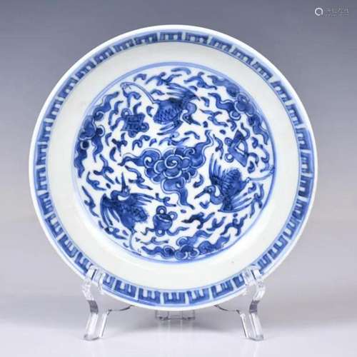 A Blue and White Cranes Plate Qing