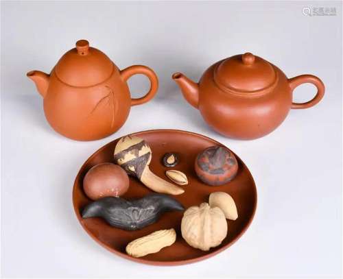A Set of Small Carvings & Two Zisha Tea Pots Repub
