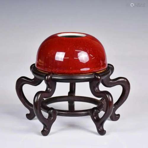 A Red Glaze Beehive Water Pot w/Stand Qing