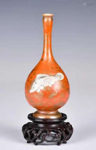 An Iron Red Ground Gilt Fish Bottle w/Stand