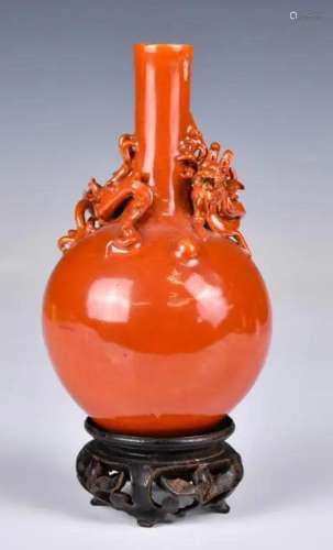 A Iron Red Dragon Tianqiu Vase w/Stand Qainlong Mk