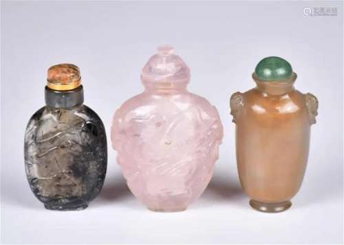 A Group of 3 Agate/Crystal Snuff Bottles