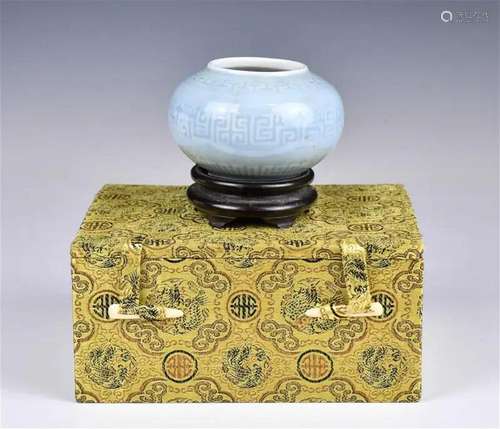 A Blue Glazed Waterpot Qianlong Mk w/Stand & Box