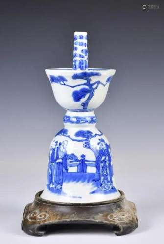 A Blue and White Candlestick w/Stand (Repaired)