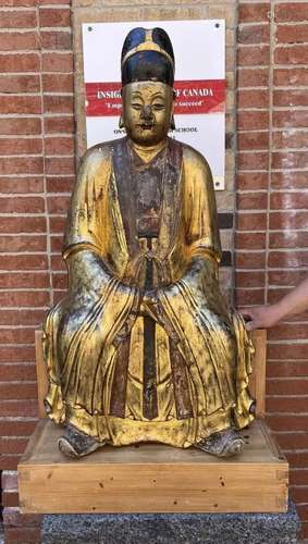 A Gilt-Lacquered Wood Seated Figure w/Stand, Ming