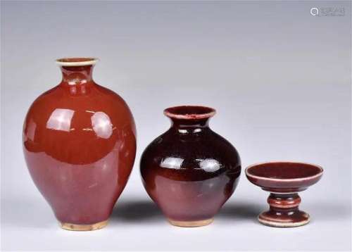 A Group of 3 Red Glazed Objects Qing