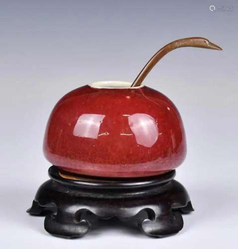 A Red Flambe Glazed Water Pot w/ Spoon & Stand