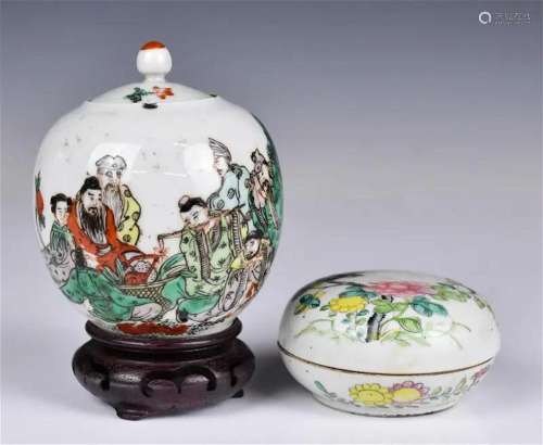 A Wucai Covered Jar & A Famille Rose Box 19thC