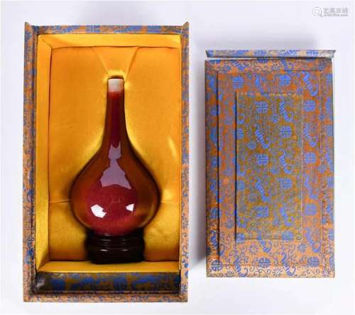 A Red Flambe Glazed Bottle Vase w/ Std & Box Qing