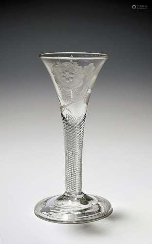 A small Jacobite wine glass c.1750, the drawn trumpet bowl e...