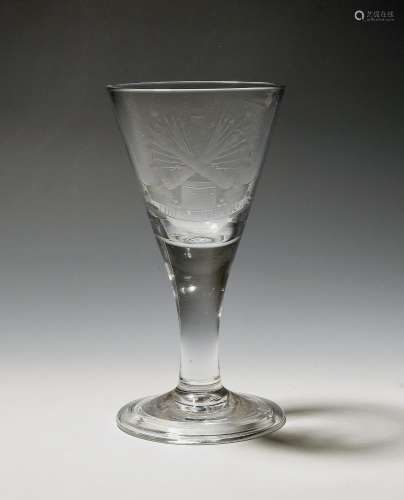 A Dutch engraved wine glass c.1740-50, the wide drawn trumpe...
