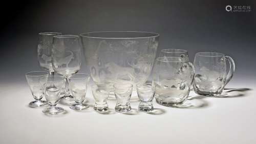 A large Rowland Ward glass punchbowl and ten various glasses...