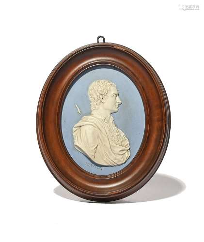 A Wedgwood Jasperware portrait plaque of Sir Isaac Newton la...