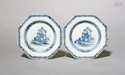 A pair of small octagonal delftware plates c.1770, Liverpool...