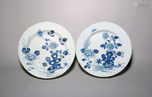 A pair of delftware chargers c.1760, probably Liverpool, pai...