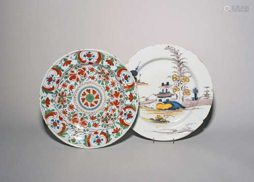 Two large delftware chargers c.1740-70, one probably London ...