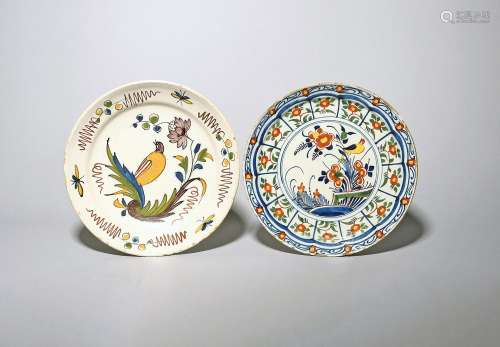 Two delftware plates c.1720-50, one painted in red, blue, gr...