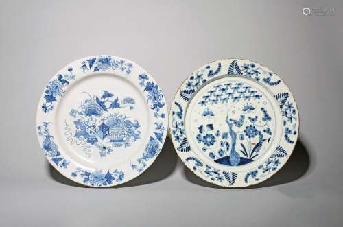 Two delftware chargers mid 18th century, one Liverpool and p...