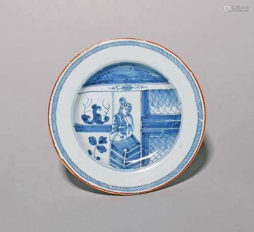 A small delftware plate c.1760-70, painted in underglaze blu...