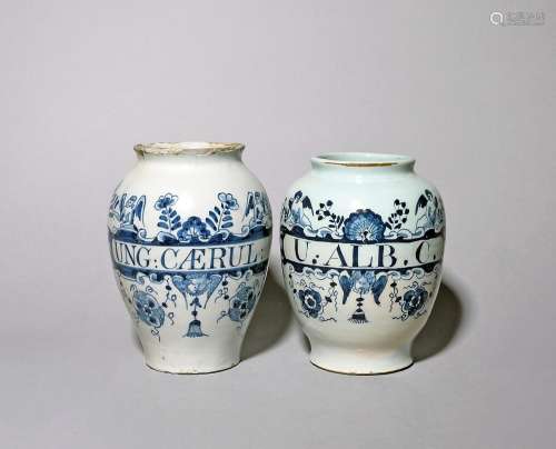 Two London delftware drug or apothecary jars c.1740-50, each...
