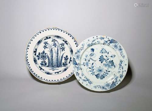 Two large delftware chargers c.1750-70, one probably Liverpo...