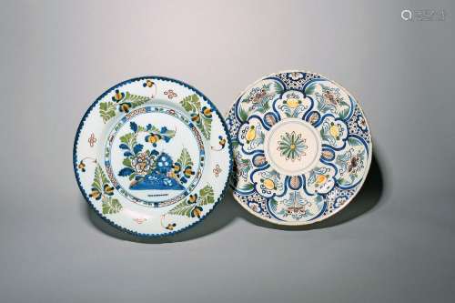 Two large delftware chargers c.1730-70, one probably Bristol...