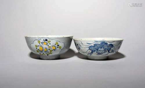 Two delftware bowls c.1760-70, one painted to the exterior w...