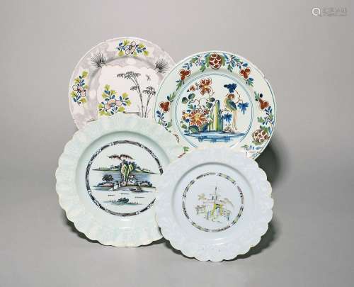 Four delftware plates c.1730-60, one Bristol and painted wit...