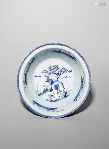 A Delft bowl early 18th century, the interior painted in blu...
