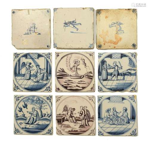 Six delftware Biblical tiles mid 18th century, painted in bl...