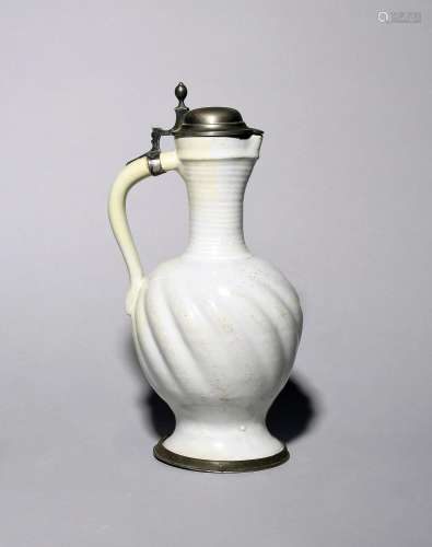 A large German faïence pewter-mounted jug (enghalskrug) c.16...