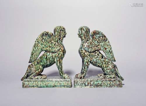 A rare pair of Wedgwood Majolica models of a sphinx mid 19th...