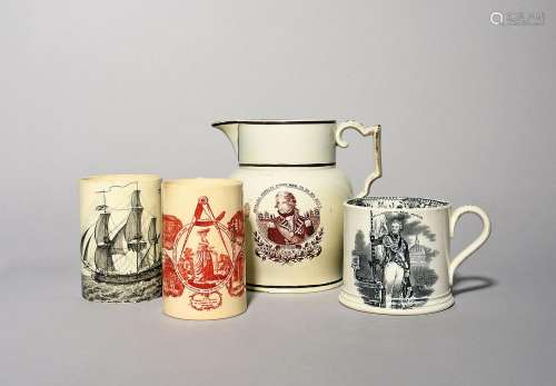 A commemorative pearlware jug and three mugs c.1800-30, the ...