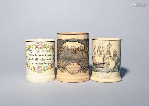 Three creamware frog mugs early 19th century, one printed wi...