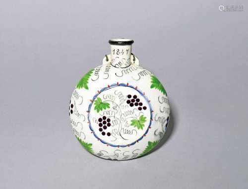 A pearlware pilgrim flask dated 1847, possibly Scottish, the...
