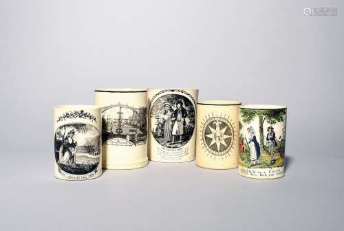 Five creamware mugs of maritime interest late 18th/early 19t...