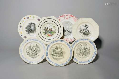 Seven pearlware plates 19th to early 20th century, three Fre...