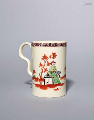A large William Greatbatch creamware mug c.1770, enamelled p...