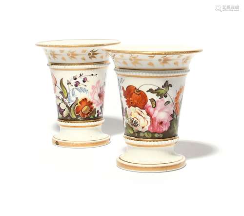 A pair of English porcelain spill vases c.1815-20, painted w...