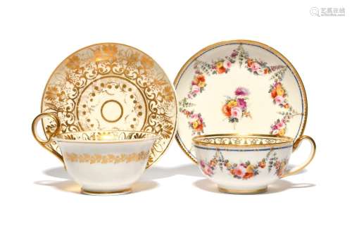 Two Nantgarw cups and saucers c.1818-20, one painted with a ...