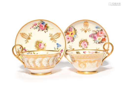 Two Nantgarw teacups and saucers c.1815-18, painted with spr...