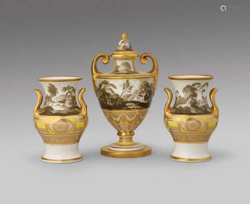 A garniture of three Coalport vases c.1800-20, the central v...